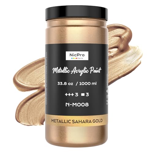 Nicpro Metallic Sahara Gold Acrylic Paint, 33.8oz/1000ml Gold Leaf Paint | Non Toxic Non Fading Craft Paint for Metal, Wood, Craft, Clay, Canvas, Furniture, Art Painting, Handcrafts, Art Supplies - color: Sahara Gold, size: 33.8 Fl Oz (Pack of 1)