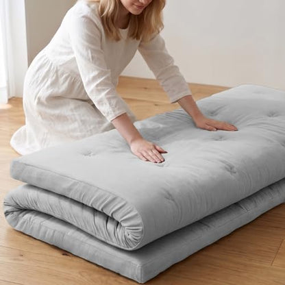 ZonLi Japanese Floor Mattress, 100% Cotton Washable Cover Futon Mattress - color: Light Grey, size: Queen(80"L x 60"W x 4"Th)