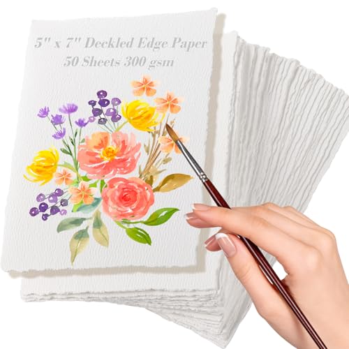 50 Sheets Deckled Edge Watercolor Paper 300GSM, 5 x 7inch Handmade Watercolor Paper Rough/Textured Cotton Paper, Cold Press Paper for Watercolors, Sketching, Wedding Invitations, Cards, Craft