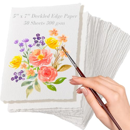 50 Sheets Deckled Edge Watercolor Paper 300GSM, 5 x 7inch Handmade Watercolor Paper Rough/Textured Cotton Paper, Cold Press Paper for Watercolors, Sketching, Wedding Invitations, Cards, Craft