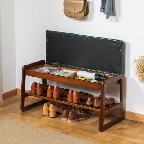 SOBIBO Solid Wood Shoe Rack Bench with Flip-Top Storage, Green, 31.5" | Mid-Century Modern, Flip-top Hidden Storage, Faux Leather Cushion, 600lb Capacity, Ideal for Entryway, Hallway, Bedroom - color: Green(flip‑top), size: 31.5 inches