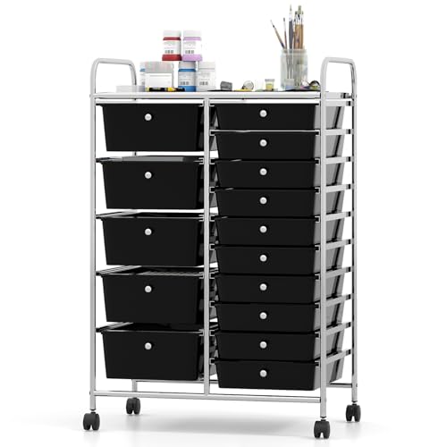 DREAMADE 15-Drawer Rolling Storage Cart, Mobile Craft Cart, Black | Utility Organizer with Lockable Wheels, Removable Plastic Drawers and Metal Frame for Home Office, Classroom and Studio - color: Black, size: 24.5"L x 15"W x 38"H