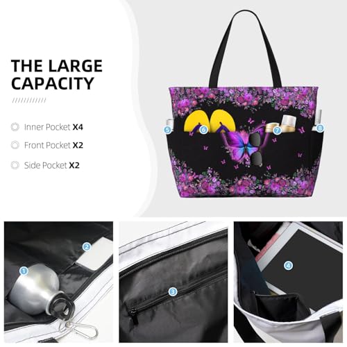 Large Beach Bag for Women Waterproof Foldable Travel Shoulder Tote Bag with Pocket for Weekender Pool Vacation - color: Butterfly Purple