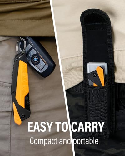 3.5" Replaceable Blade EDC Folding Hunting Knife with Dual Thumb Opener and Pocket Clip with 3 Drop Point Blades, Durable ABS and Non-Slip rubberized TPR Handle with Nylon-Holster, skinning knife - style: Orange Hunting knife