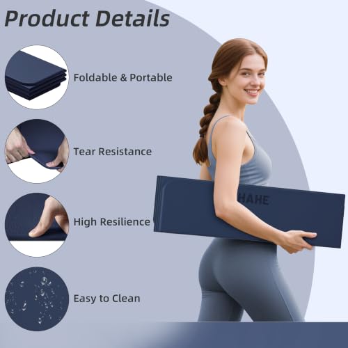 HAHE Foldable Yoga Mat 74"Lx32"Wx1/3"Thick, Folding Exercise Mats - color: Navy Blue