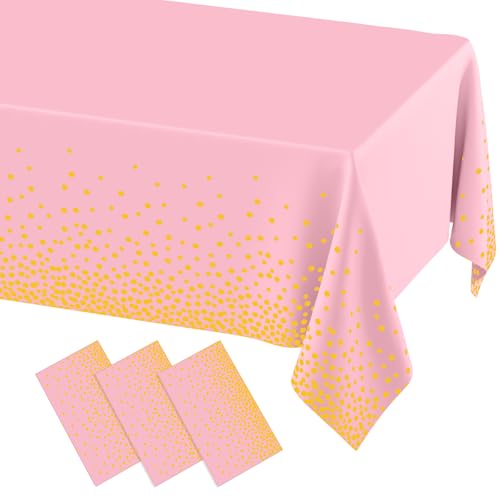 3 Packs Dot Disposable Table Cloth, 54 x 108 Inch Waterproof Plastic Tablecloth, Rectangle Gold Dots in Pink Table Covers for Picnic, Birthday, Party and Back to School - color: Gold in Pink, size: 54" x 108"
