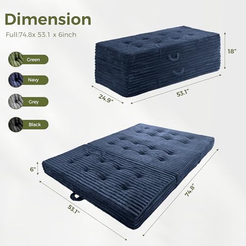 MAXYOYO Folding Sofa Couch Bed, 6 Inch Tri-Fold Floor Sofa Bed, Folding Mattress with Handles, Soft Faux Fur Folding Bed with Supportive Foam Filling, Portable Couch for Living Room, Full, Navy - color: Navy, size: Full