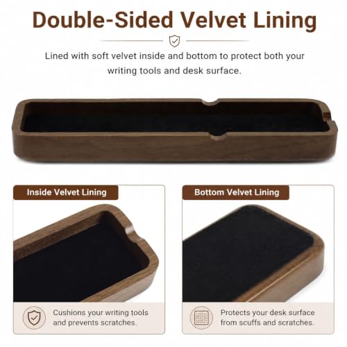 Solid Walnut Wooden Fountain Pen Tray Office Desk Display Holder Organizer | Side Pen Rest Notch, Anti-Roll Design, Soft Velvet Lining, Scratch Protection, Quick-Rest Slot