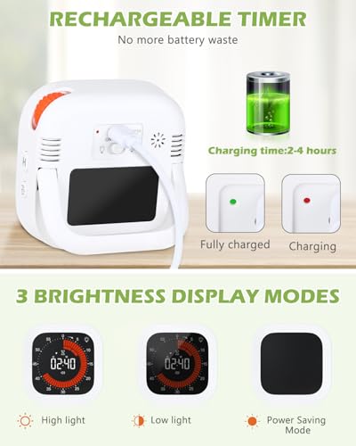 KeeKit Digital Visual Timer, Rechargeable Countdown Timer with Adjustable Volume & Brightness, Magnetic Back for Kitchen, Gym, Study - Kids Timer for Cooking, Homework, Classroom, Workouts