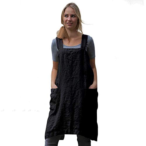 Women's Pinafore Square Apron Baking Cooking Gardening Works Cross Back Cotton/Linen Blend Dress with 2 Pockets - color: Black, size: Large