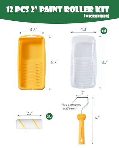 Voomey Paint Roller Kit, 2 Inch Microfiber Paint Roller Covers, 12 Pack | Small Paint Rollers with Tray and Roller Frame for Touch Up Painting Wall, Door, Cabinet - size: 2 Inch Mini Microfiber Paint Roller Kit 12 Pack