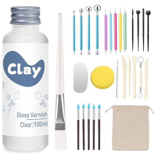 1DFAUL 29Pcs Sculpting Tools Kit with Air Dry Clay Glaze & Varnish (Gloss) | High Luster, Scratch Resistant, Waterproof, Pottery Tool kit for Sculpting, Modeling, Shaping