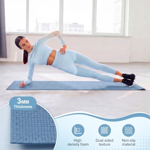 Funtery 3 mm Thin Yoga Mats Bulk, 68 x 24 Inches Lightweight PVC Exercise Mats Non Slip Workout Fitness Pads for Yoga Pilates Stretching Classes Gym Home Studio - color: Hazy Blue