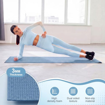Funtery 3 mm Thin Yoga Mats Bulk, 68 x 24 Inches Lightweight PVC Exercise Mats Non Slip Workout Fitness Pads for Yoga Pilates Stretching Classes Gym Home Studio - color: Hazy Blue