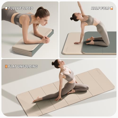 PAIDU Foldable Yoga Mat 10MM Thick SGS Certified TPE 75x26" Portable | Non-slip, extra thick & wide, foldable & portable. Ideal for yoga, Pilates & home gym workouts. - color: Beige+Dark Gray