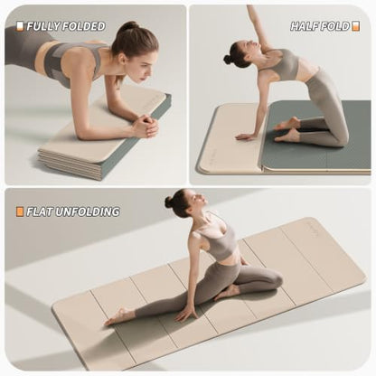 PAIDU Foldable Yoga Mat 10MM Thick SGS Certified TPE 75x26" Portable - color: Beige+Dark Gray