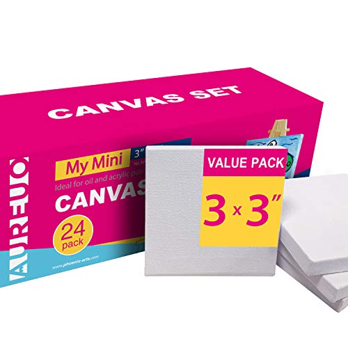 AUREUO Mini Stretched Canvas - 3x3 Inch/24 Pack - 2/5 Inch Profile Tiny Square Canvas Boards for Painting - Art Gift Set Bulk Pack Canvases for Acrylic Halloween Painting & Craft - size: 3"x3"
