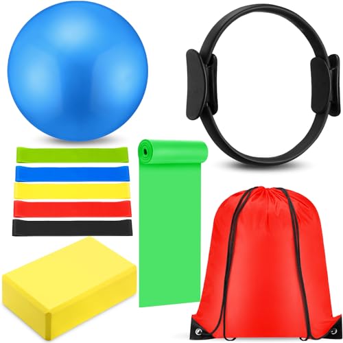 Silipull 10 Pcs Pilates Ring Blocks Set for Women Home Yoga Equipment Accessories Pilates Ring Circle and Ball Workouts Gift Include Ball Yoga Circle Resistance Bands Block Straps Gym Bag - color: Red