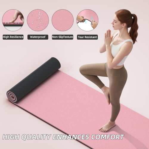 ILILI 10mm Extra Thick, TPE Yoga Mat, 76×28 Inch Extra Long, Carrying Strap | Double‑Color, Non‑Slip, Eco‑Friendly, Cushioned for Yoga, Pilates, Floor Exercise, Home Fitness, Outdoor Travel - color: Pink+Black