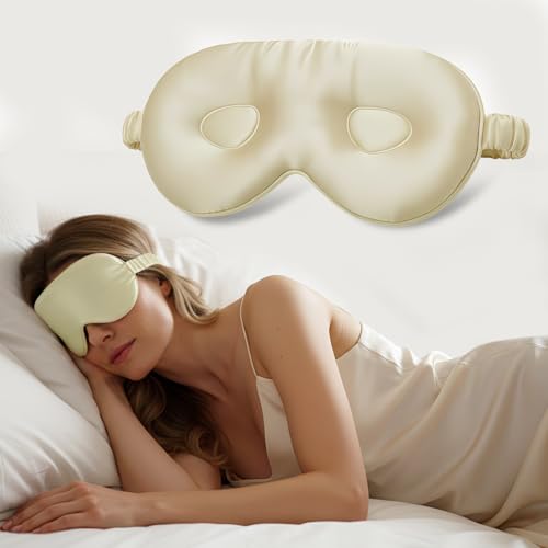 Silk Eye Mask for Sleeping 100% Mulberry Silk Women Men Blindfold,3D Luxury Travel Smooth Elastic Strap Eye Masks Breathable Cooling Soft Night Sleep Work Eyeshade Cover,Beige - color: Beige