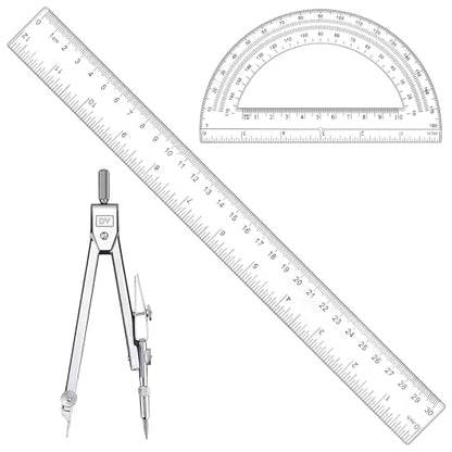 3 Pcs Clear Protractor and Compasses Set, Plastic Clear Ruler 12 Inch | Professional Geometry Set, 6 Inch Protractor ,Durable Transparent Drawing Measuring Rulers for School Office
