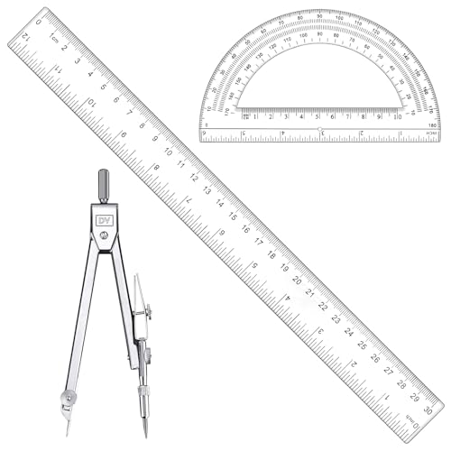 3 Pcs Clear Protractor and Compasses Set, Plastic Clear Ruler 12 Inch | Professional Geometry Set, 6 Inch Protractor ,Durable Transparent Drawing Measuring Rulers for School Office