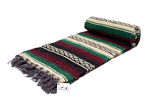 Open Road Goods Thick Mexican Blanket- Red/Maroon, and Green Colors. Great as a Mexican Yoga Blanket, Beach Blanket, Picnic Blanket, or Mexican Style Decorative Throw