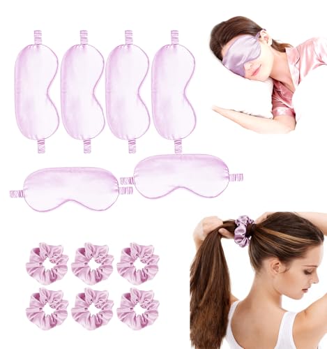 12Pcs Silk Sleep Masks Satin Eye Mask Silky Eyes Cover Blindfold Eyeshade Hair Ties Scrunchy Travel Bridesmaids Gifts - color: Lilac