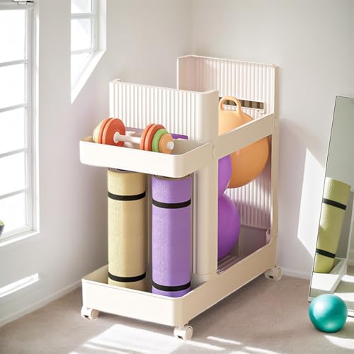 Yoga Mat Storage Basket Large Capacity Fitness Equipment Storage Rack with Wheels Sports Equipment Trolley Basket Fitness Equipment Sports Tools Organizer (White)