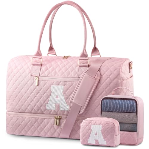 LOVEVOOK Travel Duffle Bag for Women, Weekender Overnight Bag with Shoe Compartment, Carry on Bag with Toiletry Bag, Gym Duffel Bag with Wet Pocket, Hospital Bags for Labor and Delivery 3 Pcs Set - color: Pink-A, size: Large