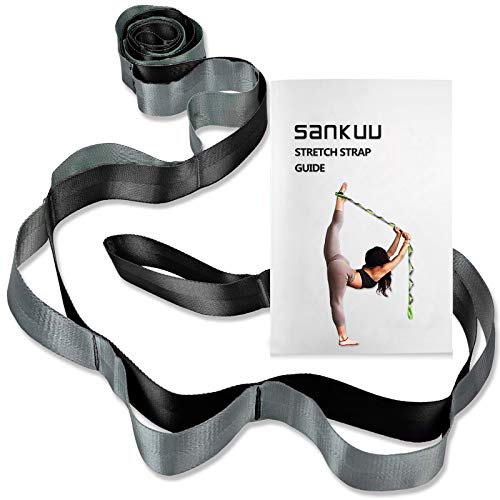 SANKUU Yoga Straps Stretching Strap with 12 Loops Workout Poster, Straps for Stretching Physical Therapy Equipment Long Stretch Out Bands for Exercise, Pilates and Gymnastics for Women Men - color: Black+Grey