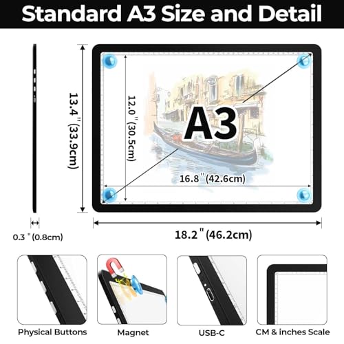 Heanolier A3 Artist tracing Light Box Copy Table,(18.2" L x 13.4" W) Super Bright Magnetic Light Pad with Side Buttons,USB-C Power Dimmerable Light Board for Diamond Painting,Tattoo Drawing,Sketching - color: Black, size: A3 without Bag
