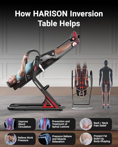 HARISON Inversion Table for Back Pain Relief, Decompression Back Stretcher | Strength Training Inversion Equipment with Safe Belt, Comfortable Ankle Holders, 300 350 lbs, Easy Assembly - color: Red