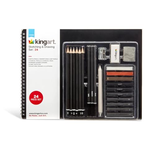 KINGART 24 Pc Sketching & Drawing Art Kit Combo w/Sketchbook, Graphite & Charcoal Pencils, Professional Supplies for All Skill Levels