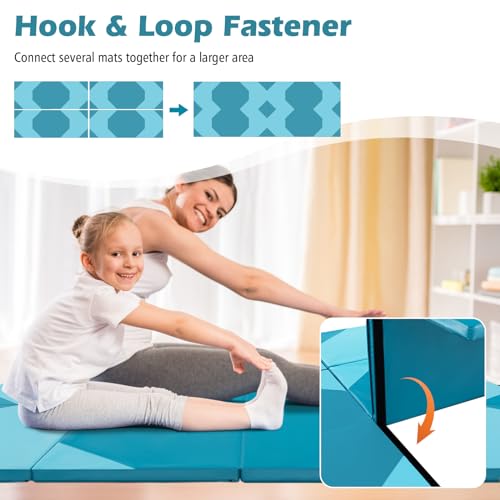 Giantex 4'x10'x 2" Gymnastics Mat, 4-Panel Folding Aerobics Exercise Mat w/Hook & Loop Fastener, Carrying Handle, Portable Tumbling Mat for Stretching Yoga Cheerleading Martial Arts - color: Light Blue/Blue