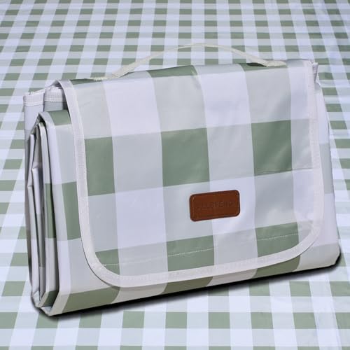 80"x60" Waterproof Sandproof Picnic Mat - Portable Foldable Outdoor Blanket for Beach, Park, Travel & Indoor Use - Lightweight Compact Design, Easy-Carry (Green&White) - color: Greenish White, size: 80" x 60"