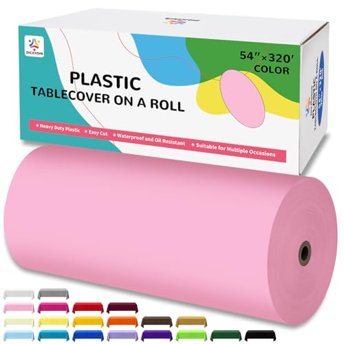 54IN X 320FT Plastic Table Cover Roll with Cutter Box, Cut to Size Plastic Table Cloths for Parties, Birthday, (Pink, 54"x3840"(Rectangular)) - color: Pink, size: 3840" x 54" (Rectangular)