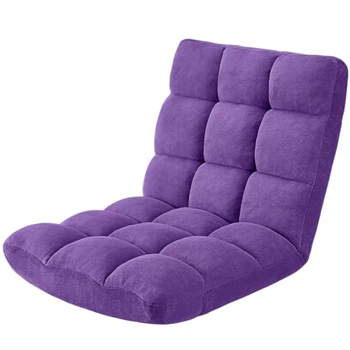 Folding Floor Gaming Chair, Adjustable 14-Position Backrest, 6-Inch Thick Flannel and Skin-Friendly Cotton Sponge, Breathable, Ideal for Gaming, Meditating, Sleeping, Purple - color: Purple