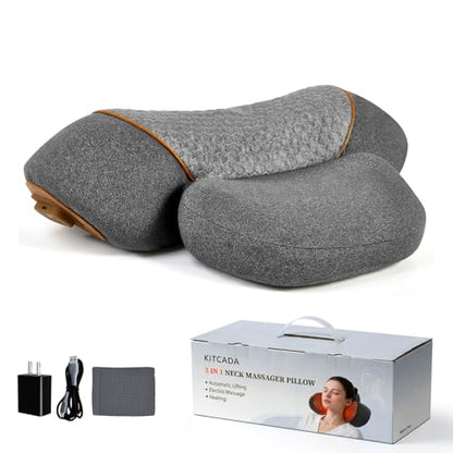 3-in-1 Neck Massager Pillow with Heating & Cervical Traction, Ergonomic Cervical Pillow for Neck Back Shoulder Pain Relief, Rechargeable Neck Pillow (Gray) - color: Gray