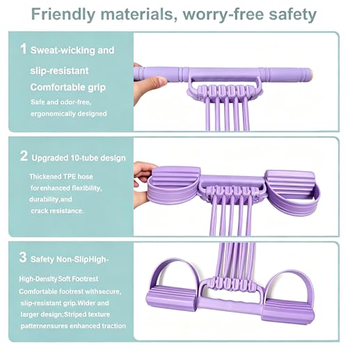 3-in-1 Pedal Resistance Band with Handles,10-Tube Multi-Functional Pedal Resistance Band,Natural Rubber Tension Rope for Abs,Arms,Waist,Legs & Home Fitness - color: Purple