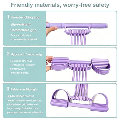 3-in-1 Pedal Resistance Band with Handles,10-Tube Multi-Functional Pedal Resistance Band,Natural Rubber Tension Rope for Abs,Arms,Waist,Legs & Home Fitness - color: Purple
