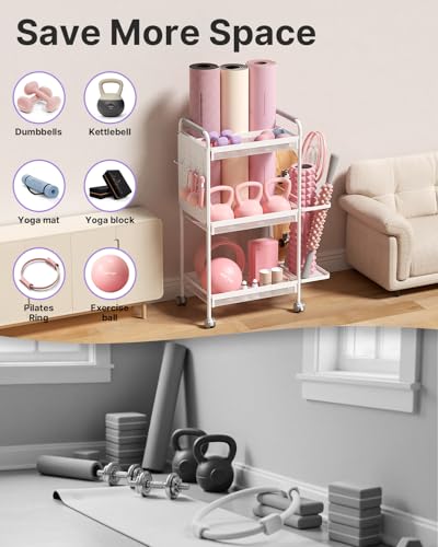 YOTTOY 3-Tier Gym Storage Rack for Home Gym–Multi-Functional Weight Rack, Dumbbell Rack, Yoga Mat Holder with Side Basket & 6 Hooks, Gym Equipment Organizer - color: White