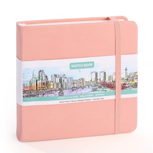 5" × 5" Pocket Sketchbook, 80 Sheets, 160gsm Small Sketch Book, Pink | Acid-Free Heavy Paper, Elastic Closure, Ribbon Bookmark, Travel Size, for Pencil Ink Marker & Crayon - color: Pink