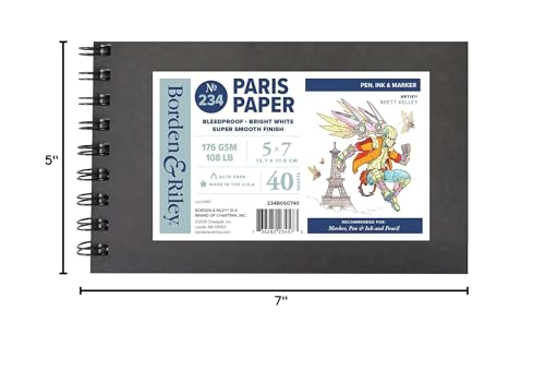Borden & Riley 5" x 7" #234 Paris Paper for Pens Hardcover Sketch Book, Side Spiral, 108 lb., 40 Micro-Perfed White Sheets, 1 Book Each