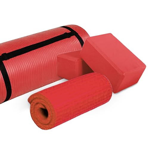 BalanceFrom 71x24 Inches Yoga Mat with Knee Pad and Optional Blocks – Extra 1-Inch Thick Non-Slip Foam with Anti-Tear Surface and Carrying Strap for Home, Studio, or Gym Workouts - color: Red, style: Mat & Knee Pad & Yoga Blocks