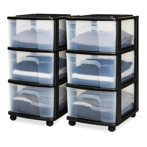 HOMZ Drawer Tower 3-Tier Storage Cart, Removable Wheels, Black Frame,2 Pack | Plastic Organizer with Clear Bin Drawers for Bedrooms, Bathrooms, Home Offices, and Dorm Rooms - color: Black, size: 2 Pack