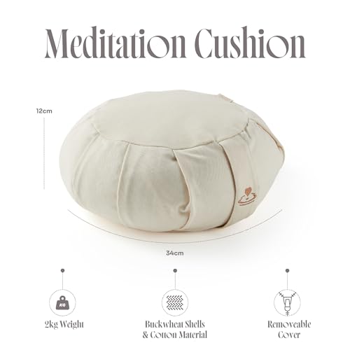 Myga Zafu Yoga Meditation Cushion with Washable Cover - Floor Cushion Pillow with Natural Buckwheat Filling - Soft Round Cotton Design for Meditating or Pranayama Exercises - color: Cream