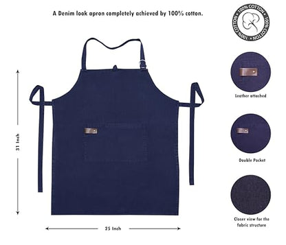 100% Cotton washed Apron with Pocket and Adjustable Neck with Long Ties Apron 25" X 31" for Women Men Chef Cooking, Baking, Gardening, Navy blue