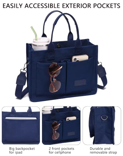 ZHMO Canvas Tote Bag for Women,Women's Bags Crossbody Bags Work Laptop Tote Bag Large Handbags Purse for Travel Nurse Teacher - color: Navy Blue With Compartments