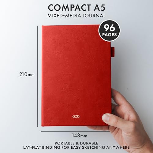 Wordsworth & Black Mixed Media Journal, 96 Pages, A5 Paper, Red | Hardcover Leather, 190 GSM, Journaling Notebook for Work, Sketching, Gift for Women, Men - color: Red